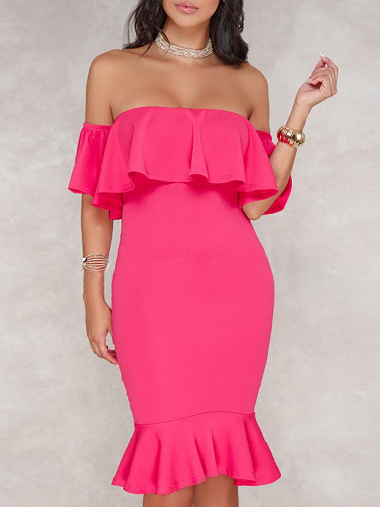 

Solid Off Shoulder Ruffles Bodycon Dress, Hot pink