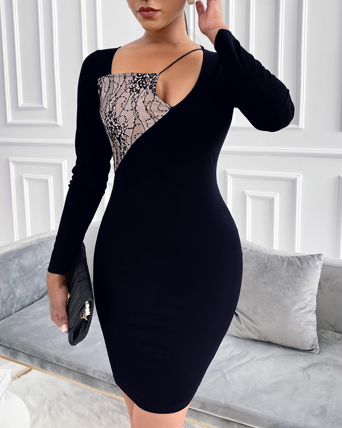 

Lace Cutout Long Sleeve Bodycon Dress, Black