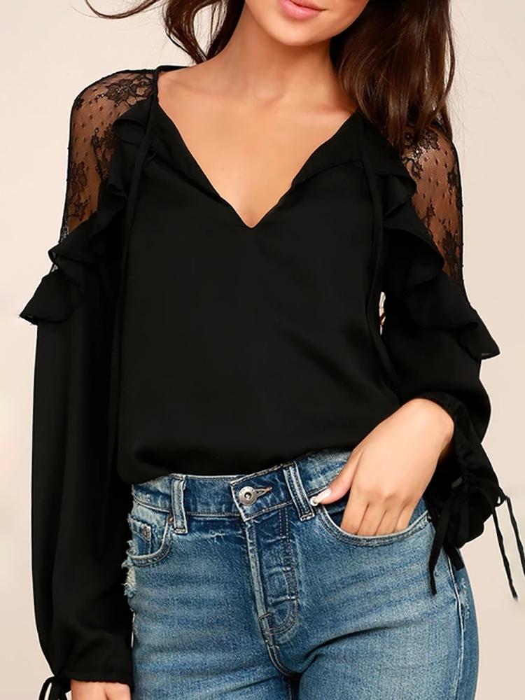 

Puff Sleeve Contrast Lace Ruffles Blouses, Black