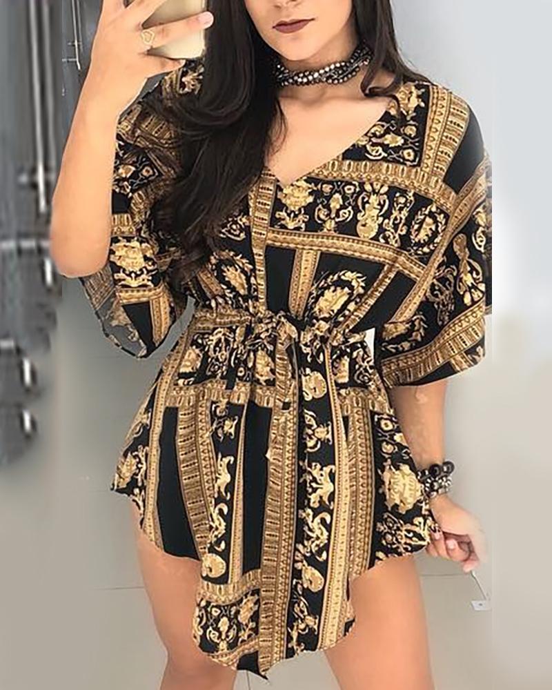 

Vintage Print Drawstring Irregular Hem Dress