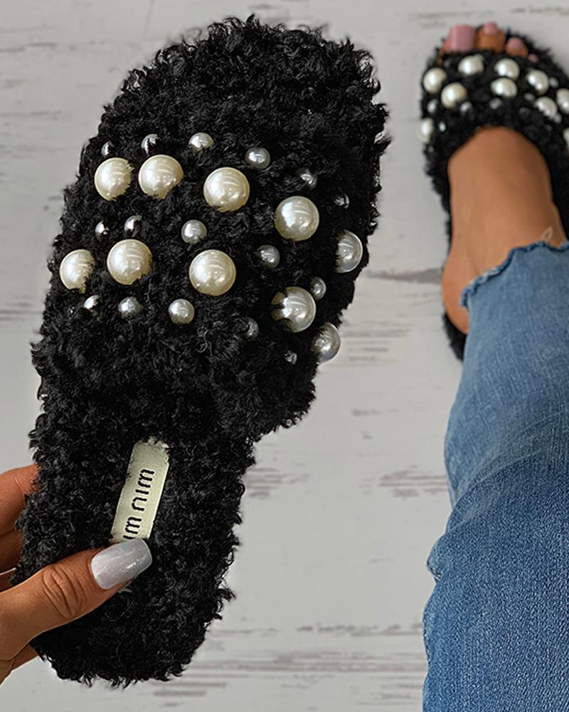 

Beaded Fluffy Peep Toe Casual Slipper, Black