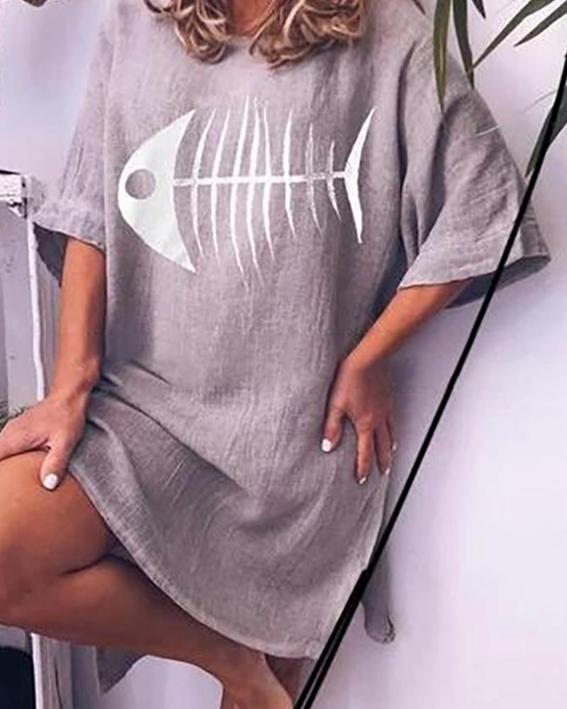 

Fishbone printed round neck loose casual T-shirt, Light gray