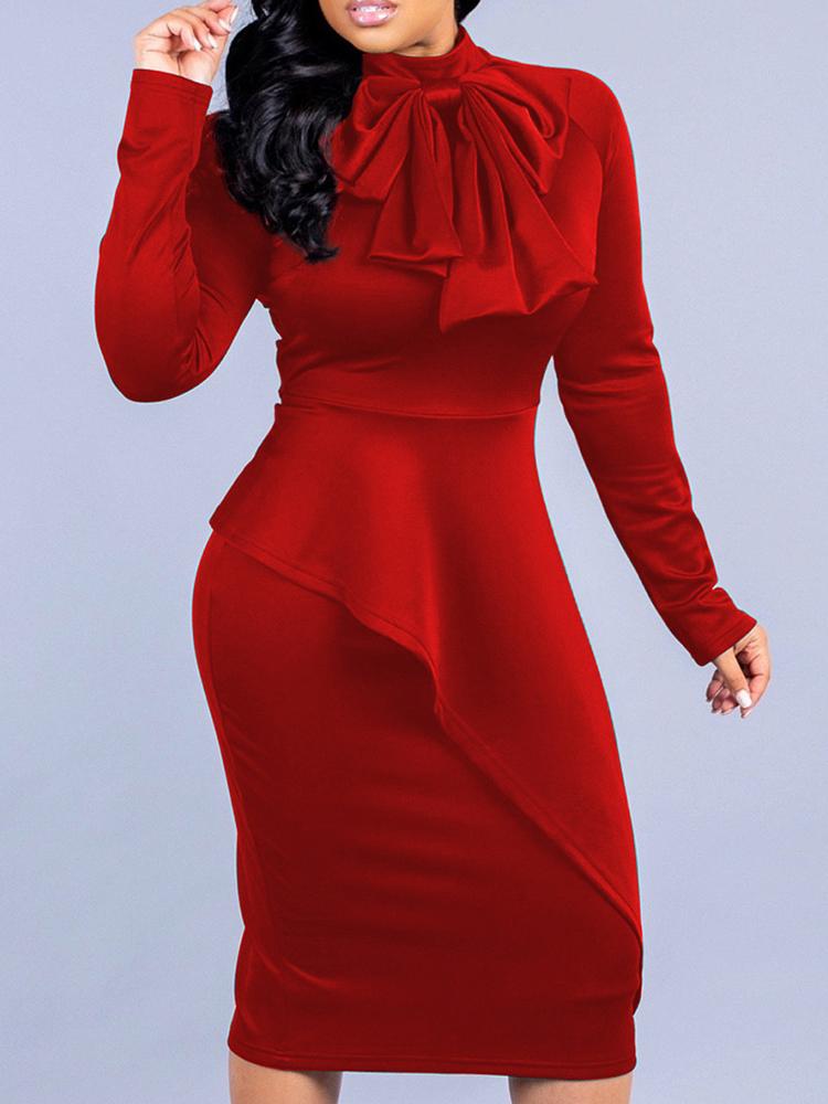 

Bowknot Neck Ruffles Work Dress