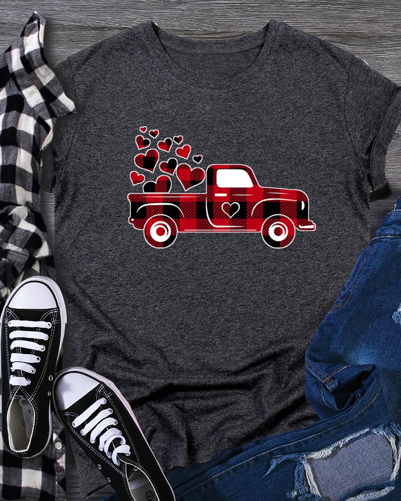 

Valentine' Day Plaid Car Heart Print T-shirt, Gray