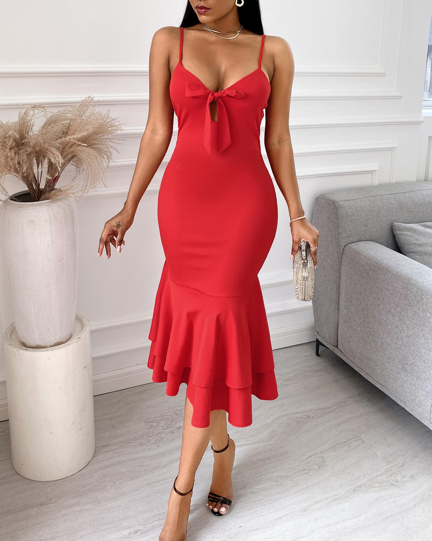 

Spaghetti Strap Plain Knotted Design Mermaid Dress, Red