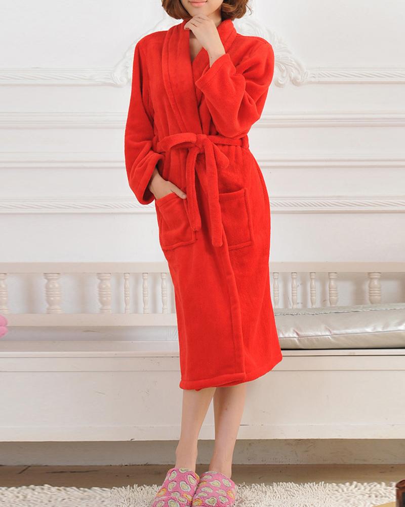 

Dual Pocket Belted Plush Hooded Robe, Red