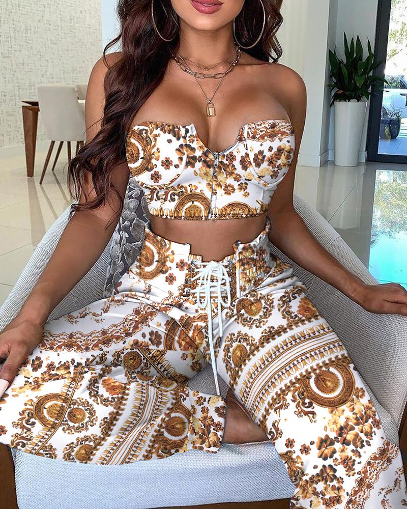 

Print Zipper Bandeau Top & Eyelet Lace-up Pants Set, Dark yellow