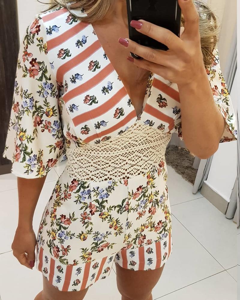 

Floral Printed Crochet Lace Insert Romper, White