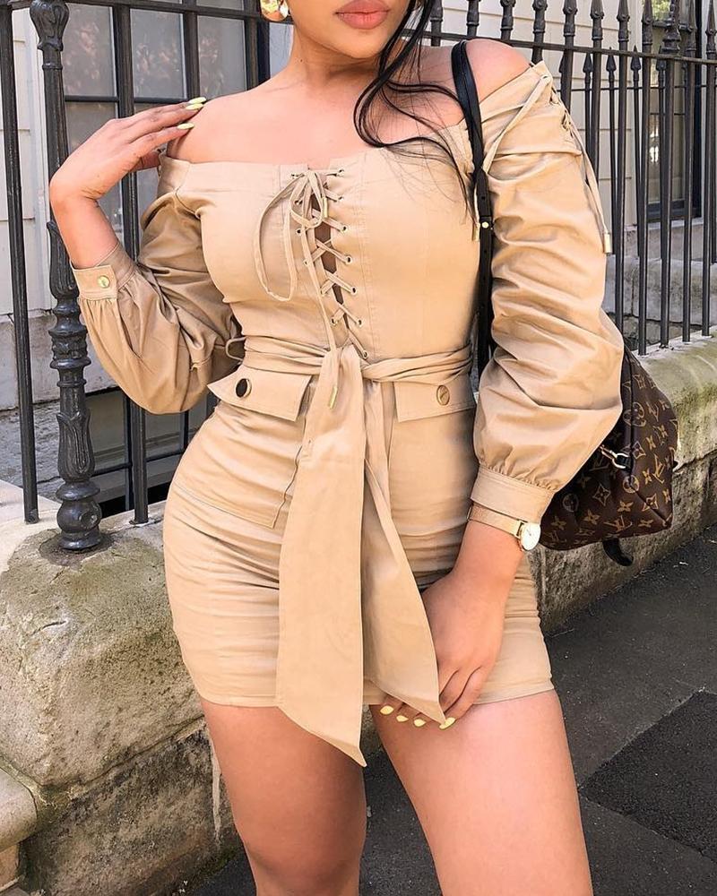 

Solid Lace-Up Tied Waist Off Shoulder Romper, Apricot