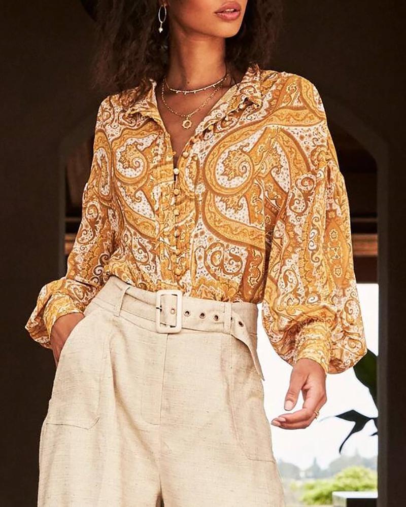 

Retro Print Lantern Sleeve Shirt