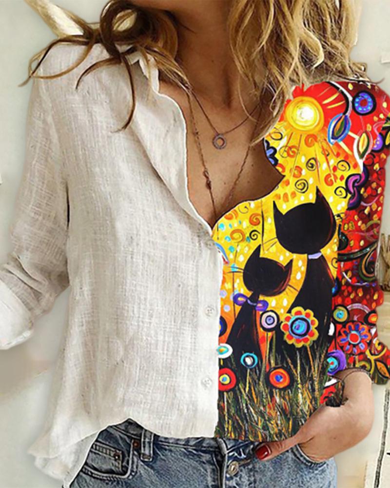 

Cat Sunflower Print Button Design Shirt, Multicolor