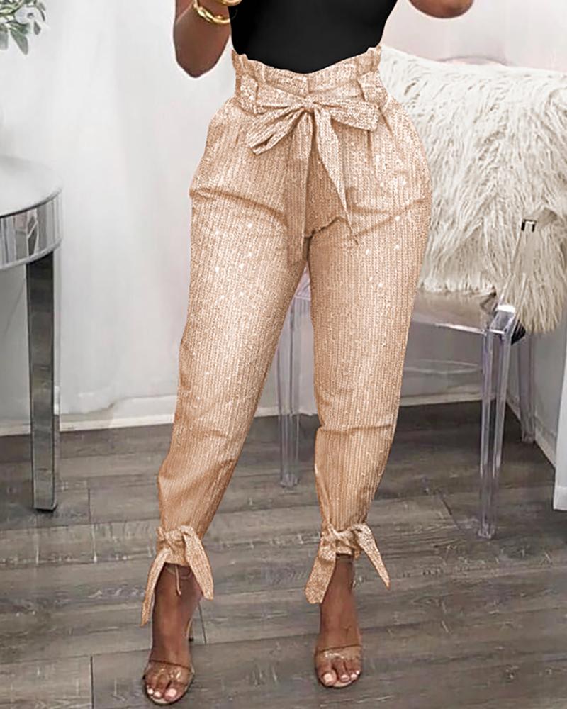 

Glitter Paperbag Waist Tied Cuffed Slinky Pants, Champagne