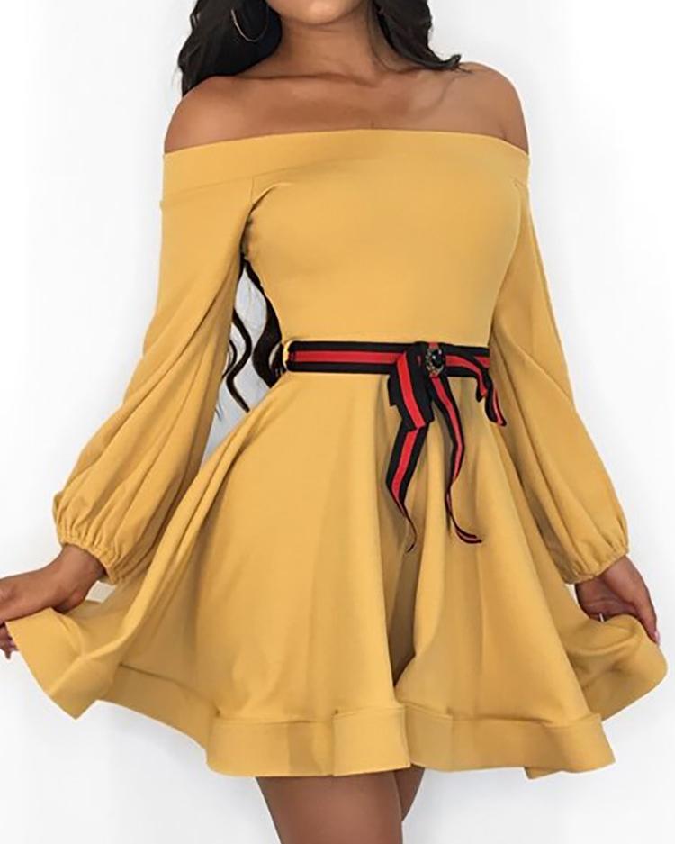 

Off Shoulder Lantern Sleeve Casual Dress With Belt
