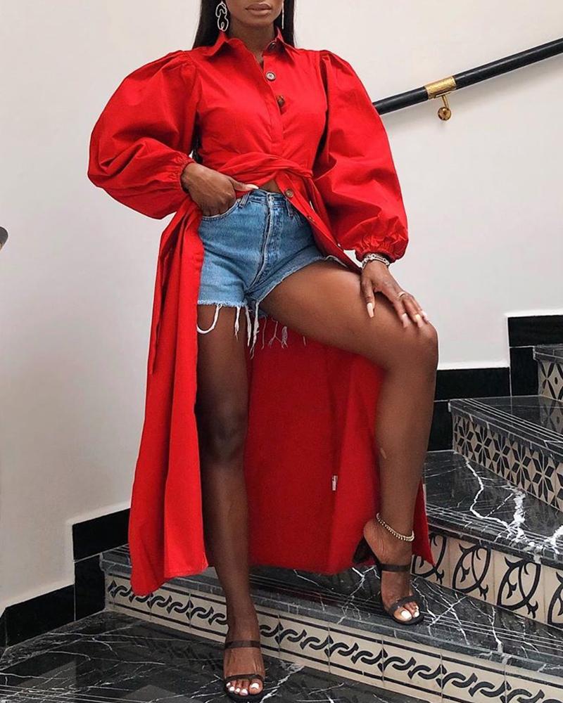 

Solid Lantern Sleeve Long Shirt, Red
