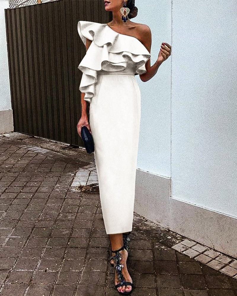 

Multi-layered One Shoulder Slimming Midi Dress, White