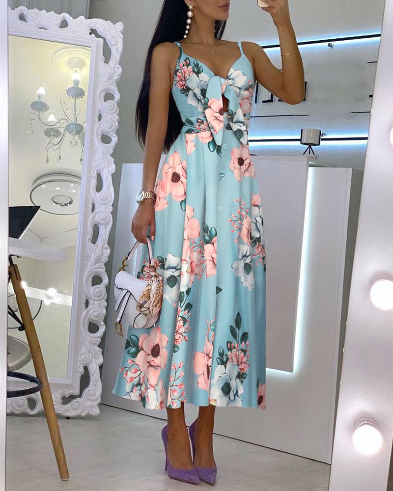 

Floral Print Knotted Front Cutout Button Maxi Dress, Blue