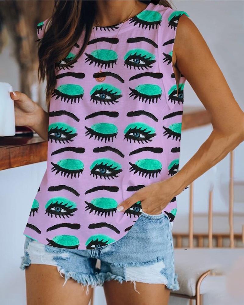 

Eyes Print Sleeveless Casual Top, Pink