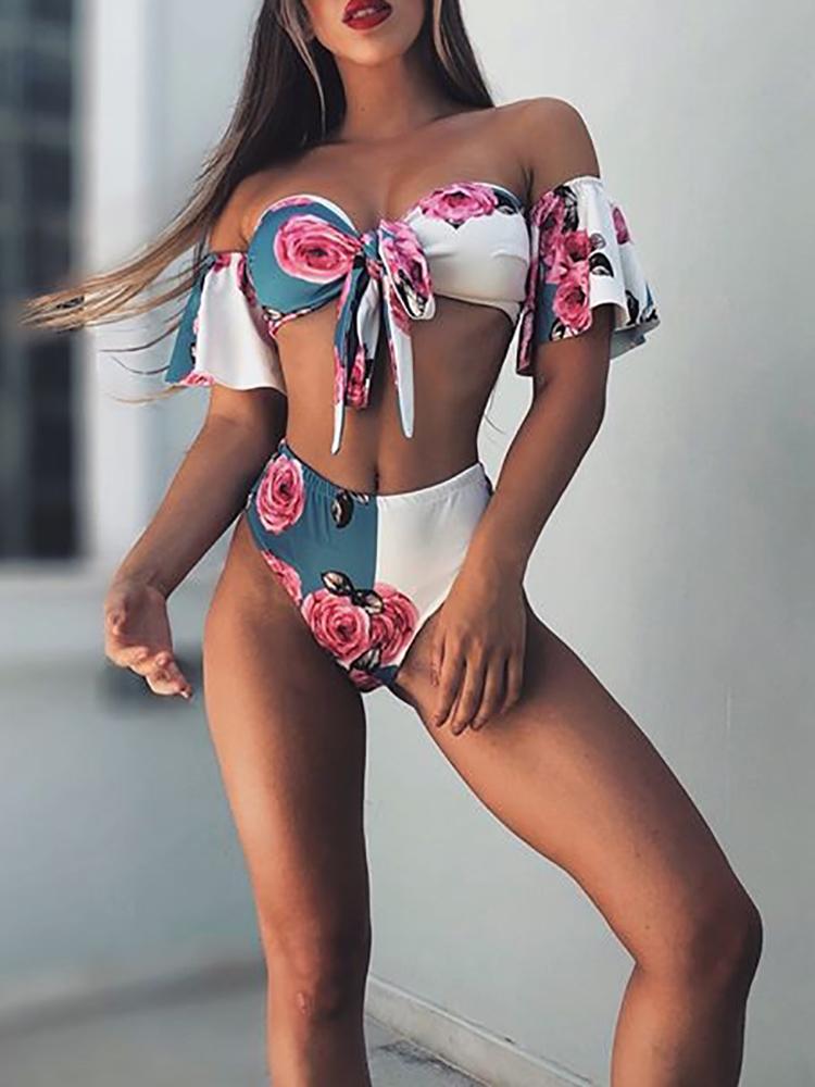 

Floral Print Knot Front Flounced Sleeve Bikini