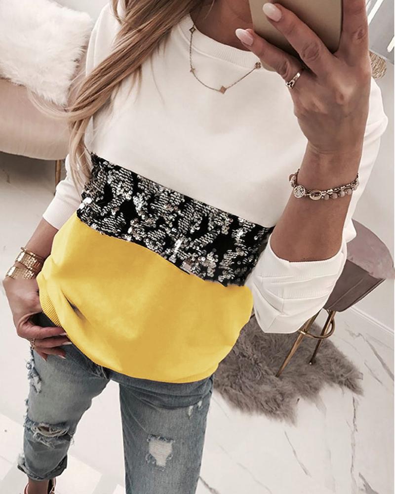 

Round Neck Colorblock Insert Sequins Long Sleeve Sweatshirt, Yellow