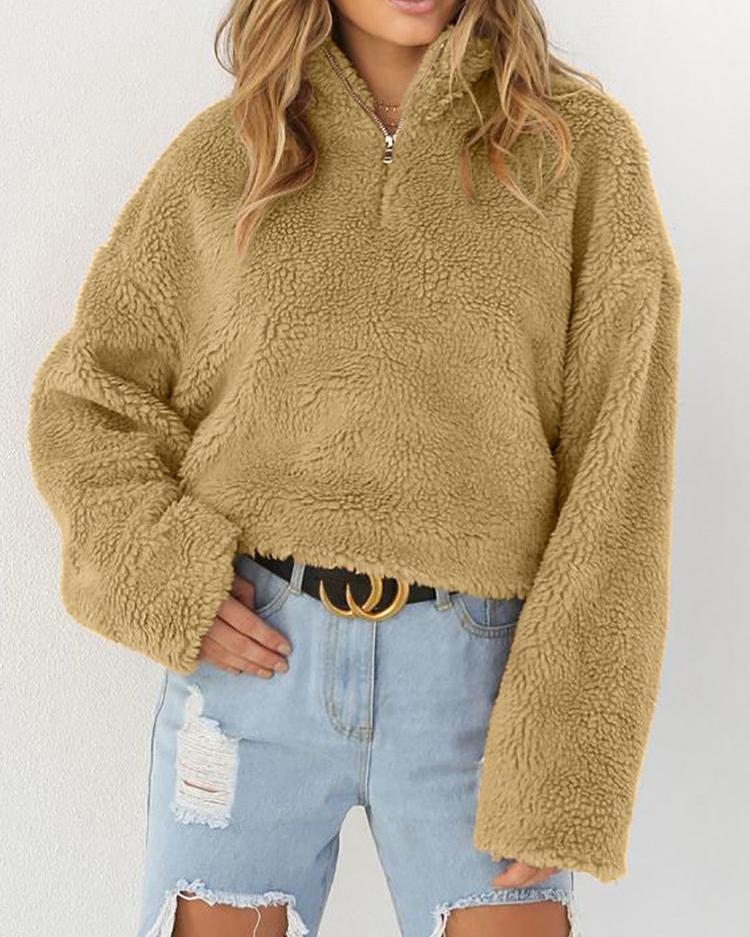 

Solid High Neck Teddy Sweatshirts, Beige