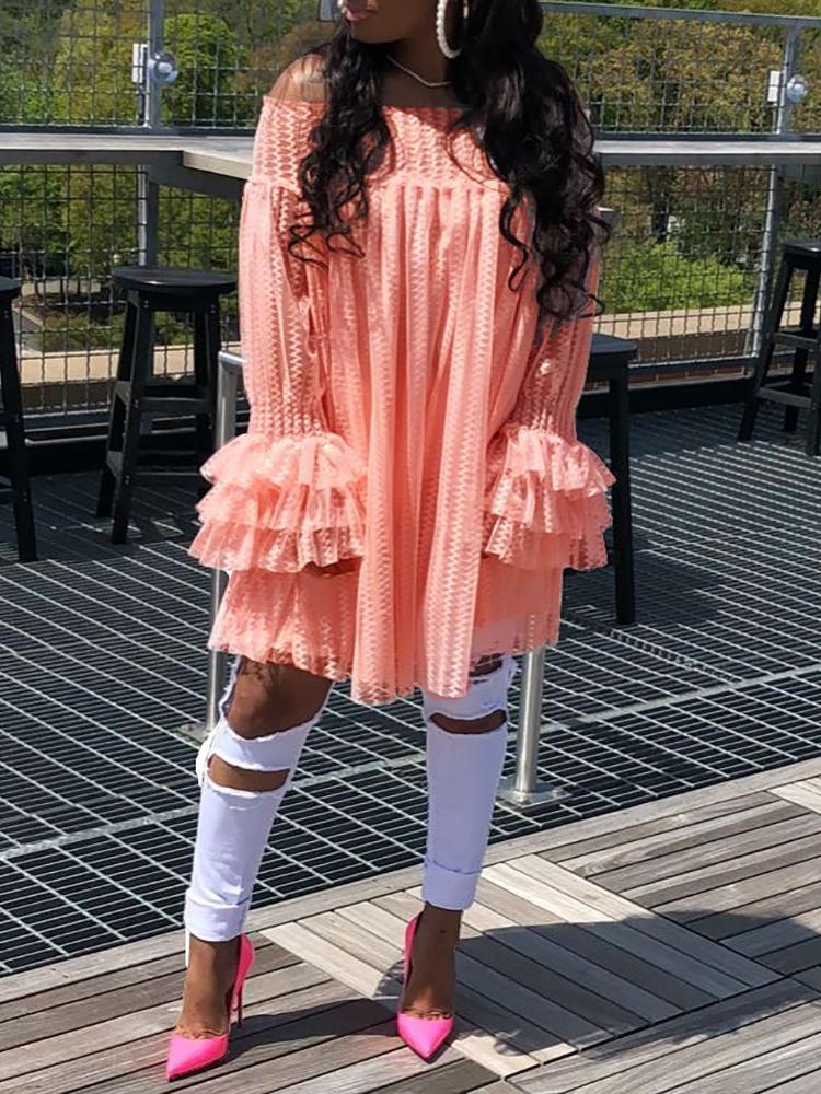 

Off Shoulder Lace Flared Sleeve Casual Dress