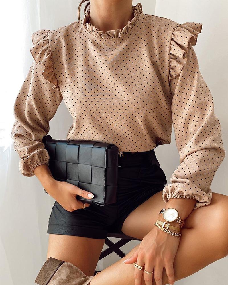 

Polka Dot Ruffles Long Sleeve Blouse Top, Khaki