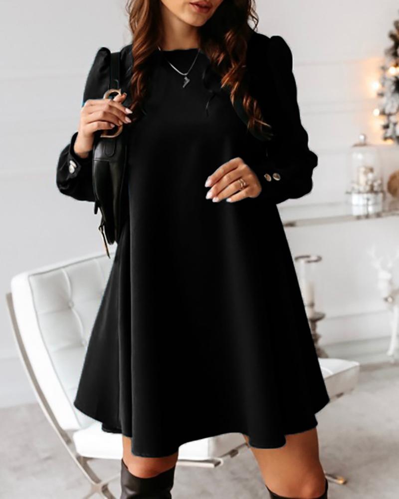 

Solid Button Design Casual Mini Dress, Black