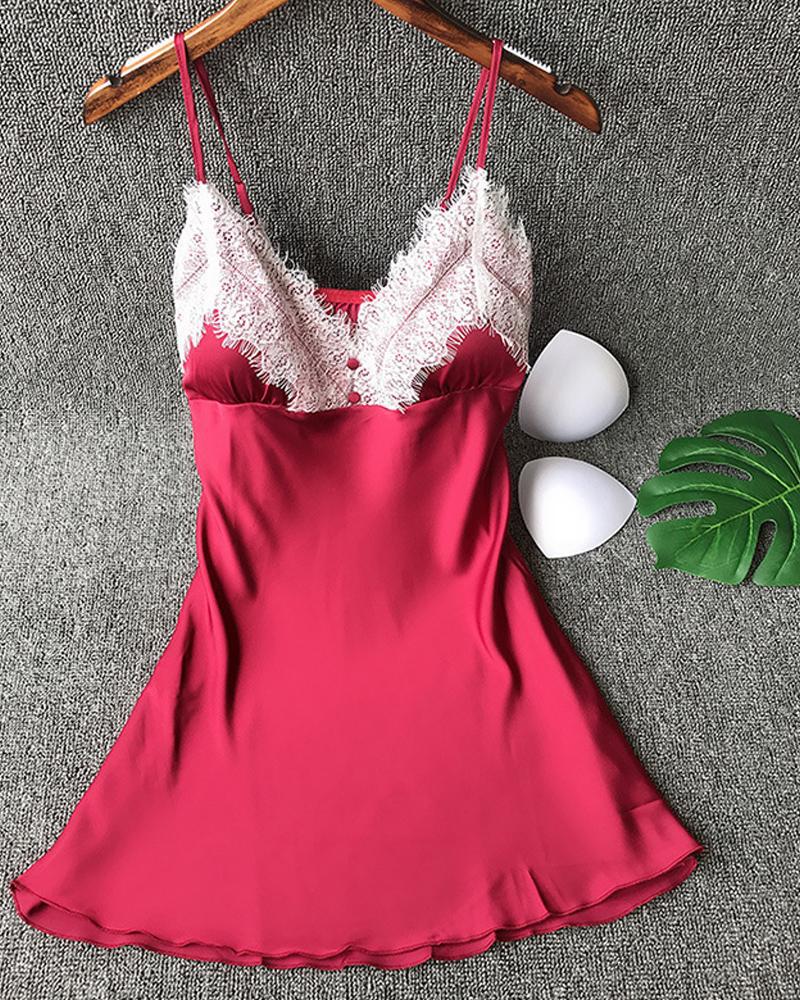 

Lace Trim Patchwork Cami Dress, Wine red