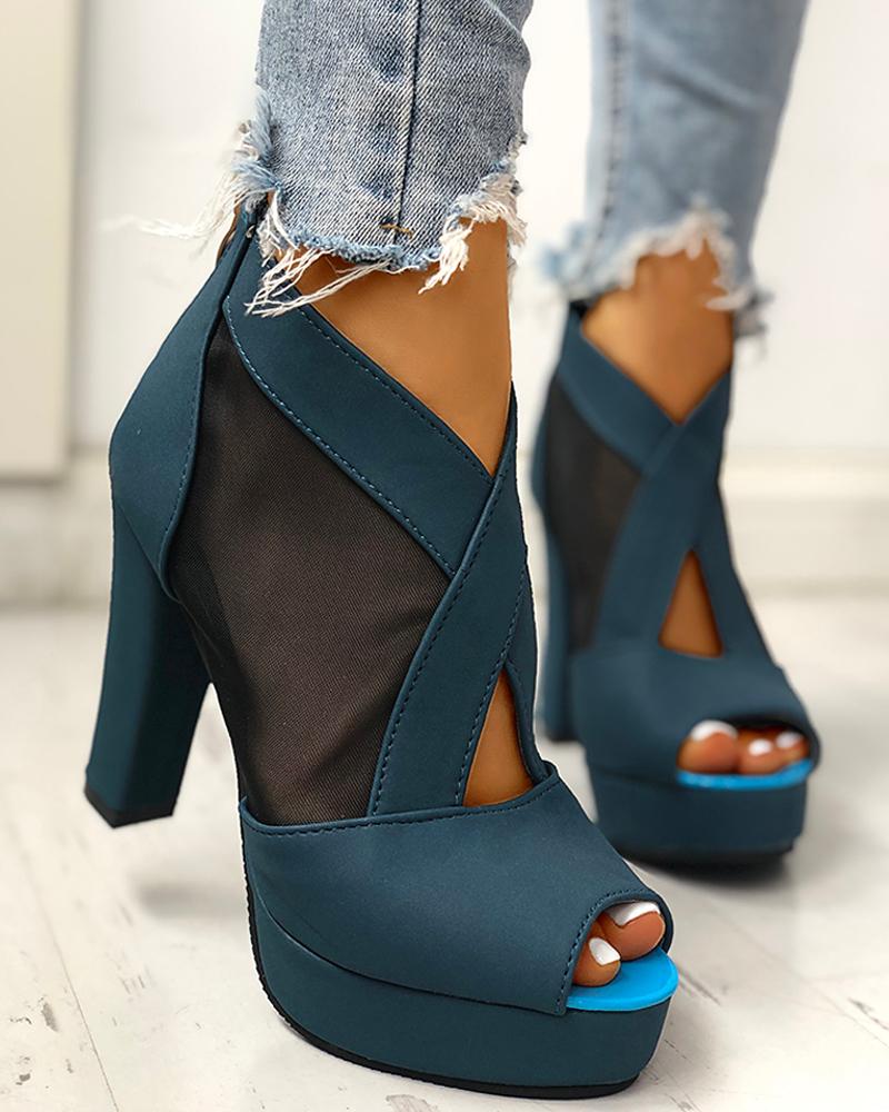 

Mesh Insert Platform Chunky Heeled Sandals, Blue