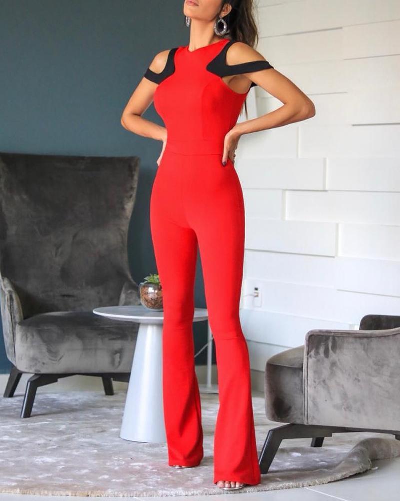 

Cold Shoulder Colorblock Bell-Bottom Jumpsuit, Red