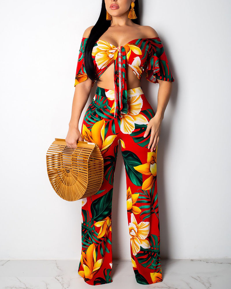

Floral Print Crop Top With Pants Set, Yellow