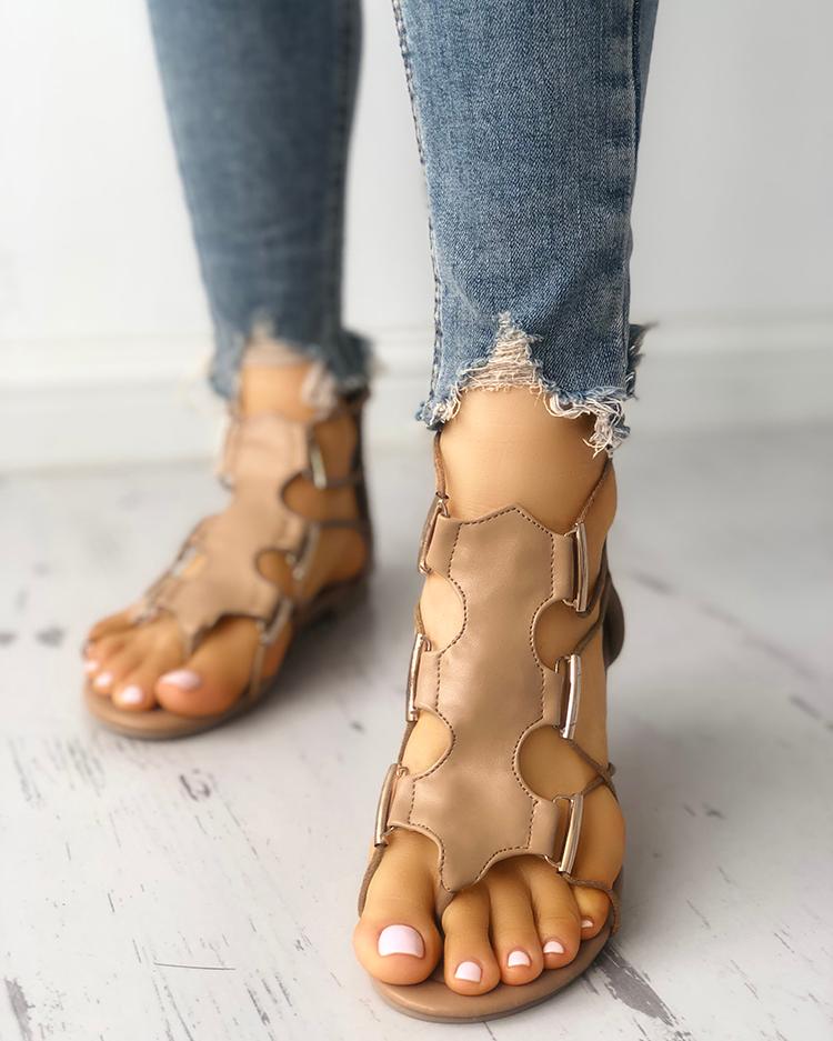 

Hollow Out Toe Post Flat Gladiator Sandals, Nude