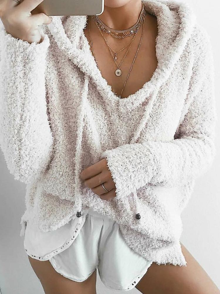 

Fashion Solid Casual Hoodies, Beige