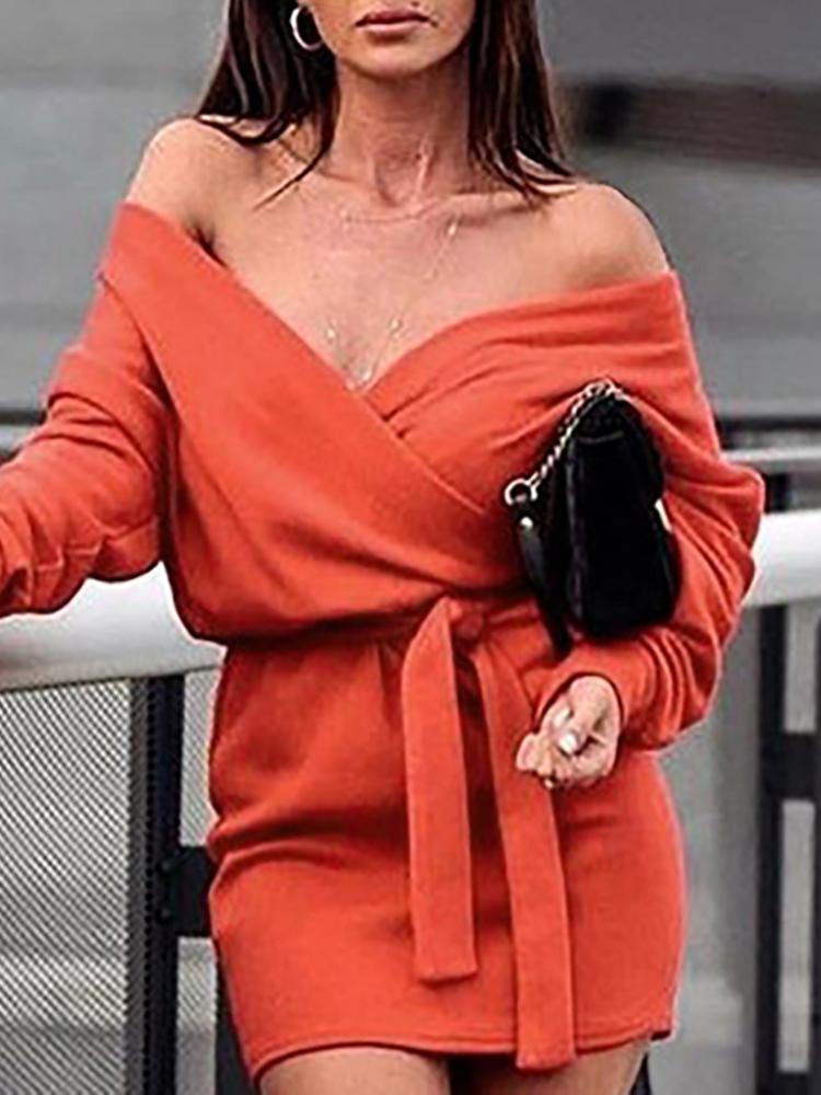 

V-Neck Wrap Belted Long Sleeve Dress, Orange