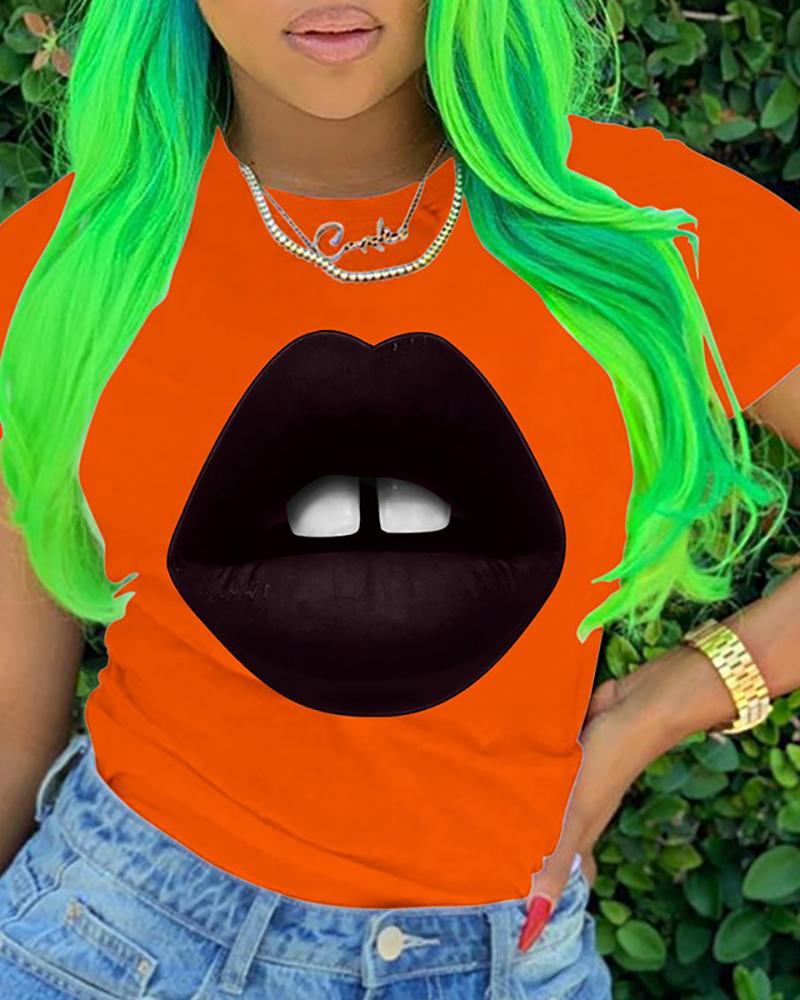 

Lip Print Short Sleeve Casual T-shirt, Red