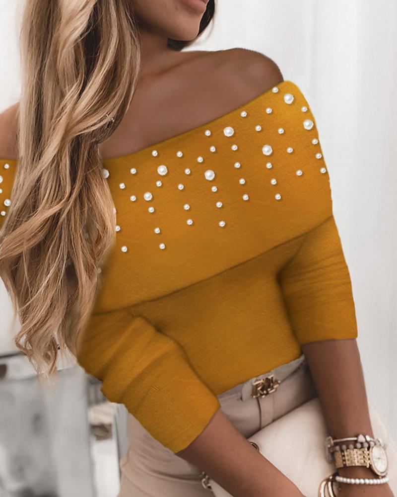 

Off Shoulder Beaded Long Sleeve Sweater, Yellow