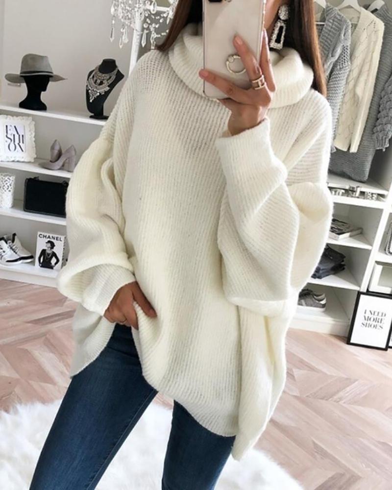 

Solid High Neck Long Sleeve Ribbed Sweater