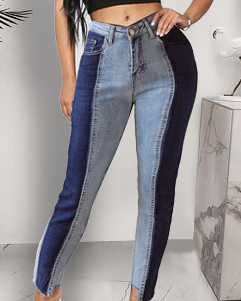 

Colorblock Buttoned Cropped Denim Pants, Blue