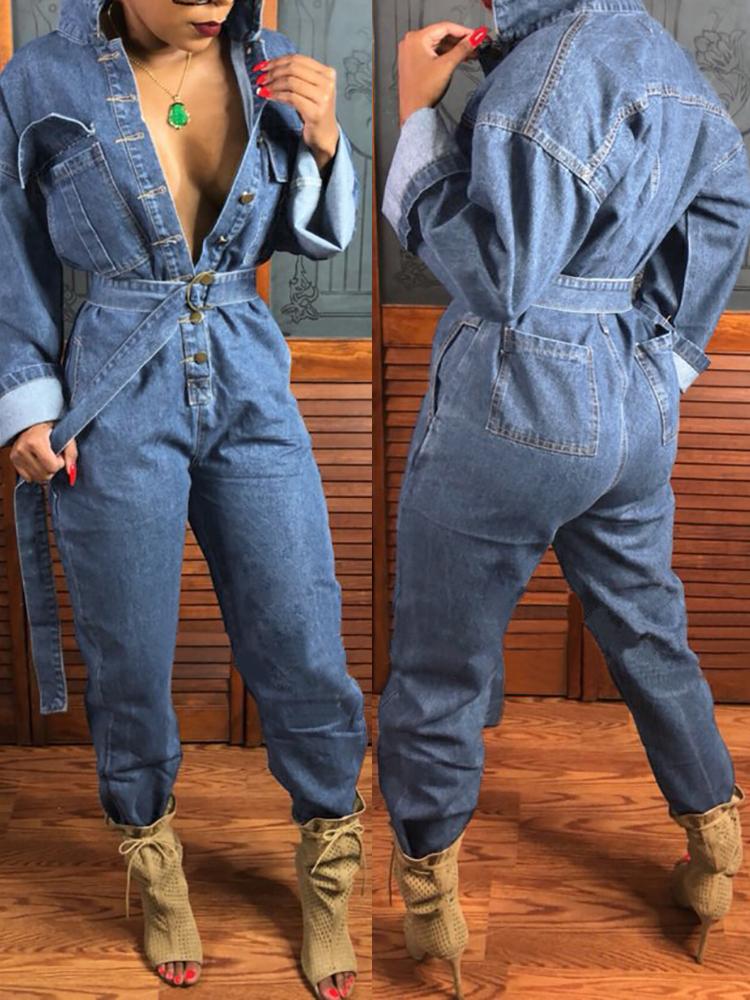 

Button Up Pocket Design Denim Jumpsuits, Light blue