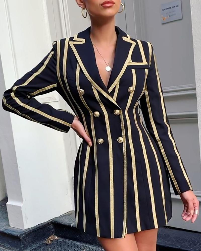 

Notched Collar Double-breasted Colorblock Striped Blazer Dress, Black