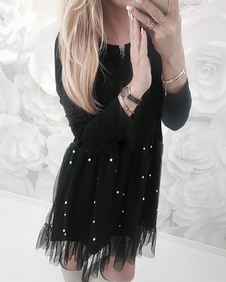 

Splicing Mesh Beads Embellished Casual Dress, Black