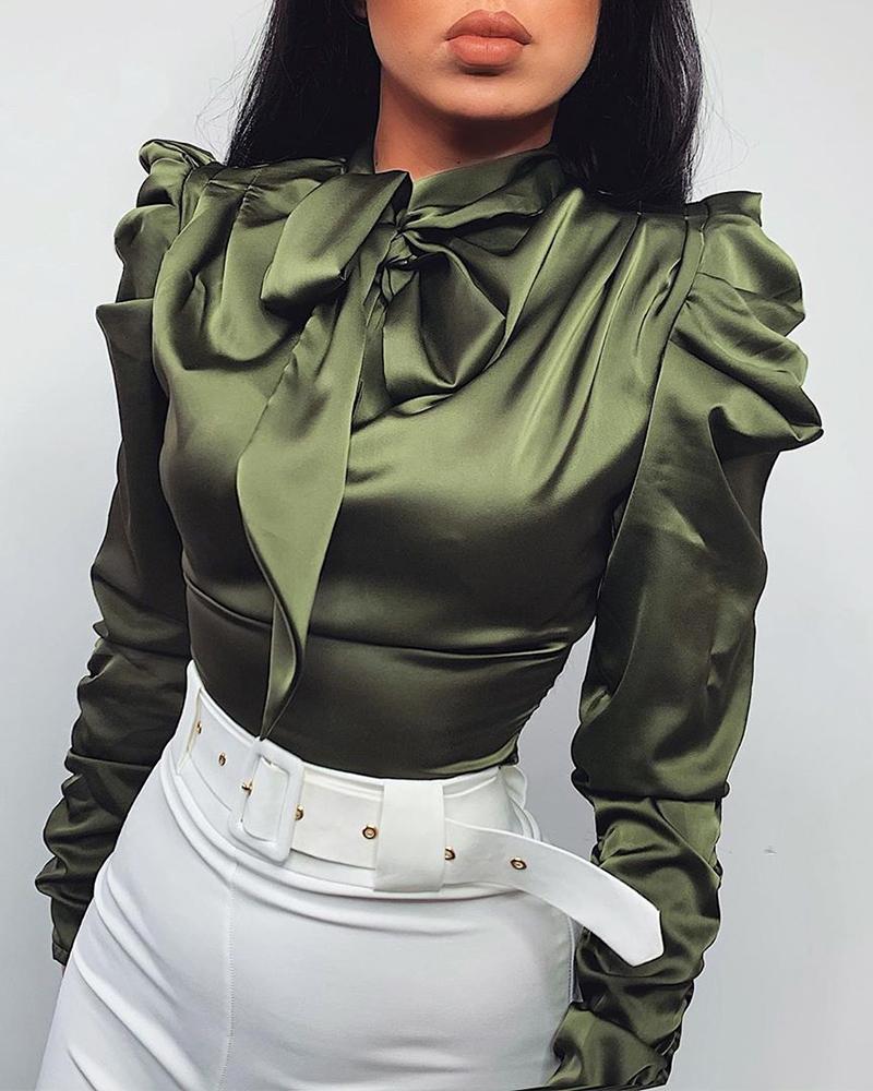 

Solid Tie Neck Satin Blouse, Green