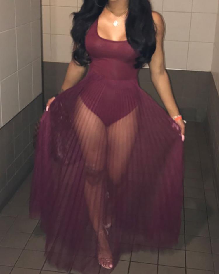 

Solid See Through Maxi Romper Dress, Wine red