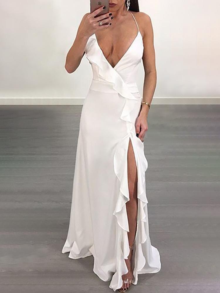 

High Slit Ruffled Lace-up Open Back Maxi Dress, White