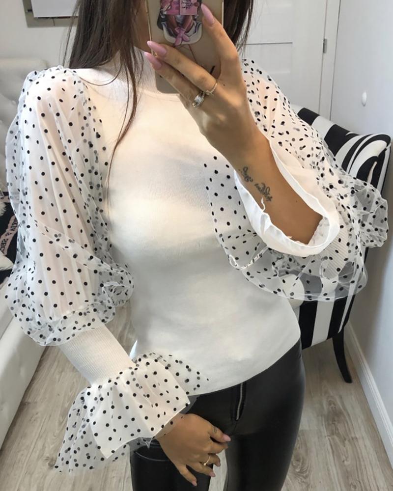 

Mesh Dot Bell Cuff Blouse, White