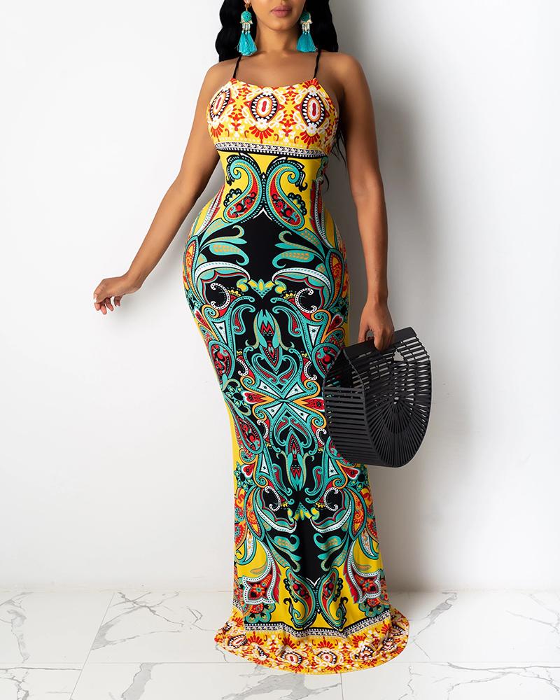 

Paisley Print Spaghetti Strap Lace-up Back Mermaid Dress, Yellow