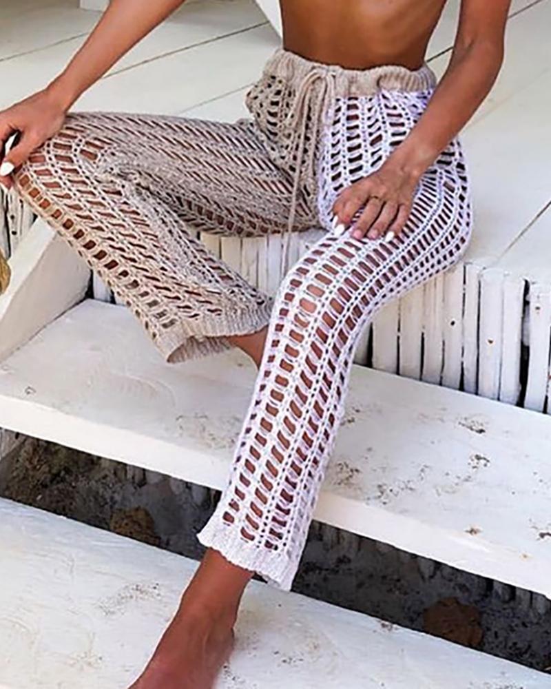 

Crochet Hollow Out Drawstring Pants, Apricot