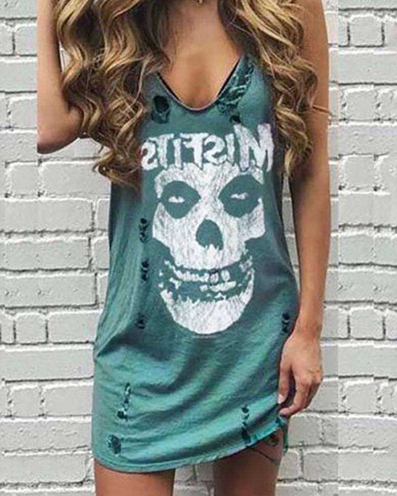 

Skull Letter Print Hollow Out Dress, Blue