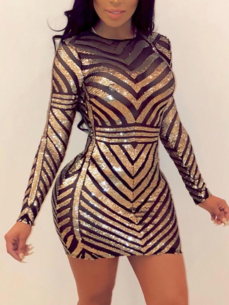 

Open Back Sequin & Mesh Patchwork Party Dress, Gold