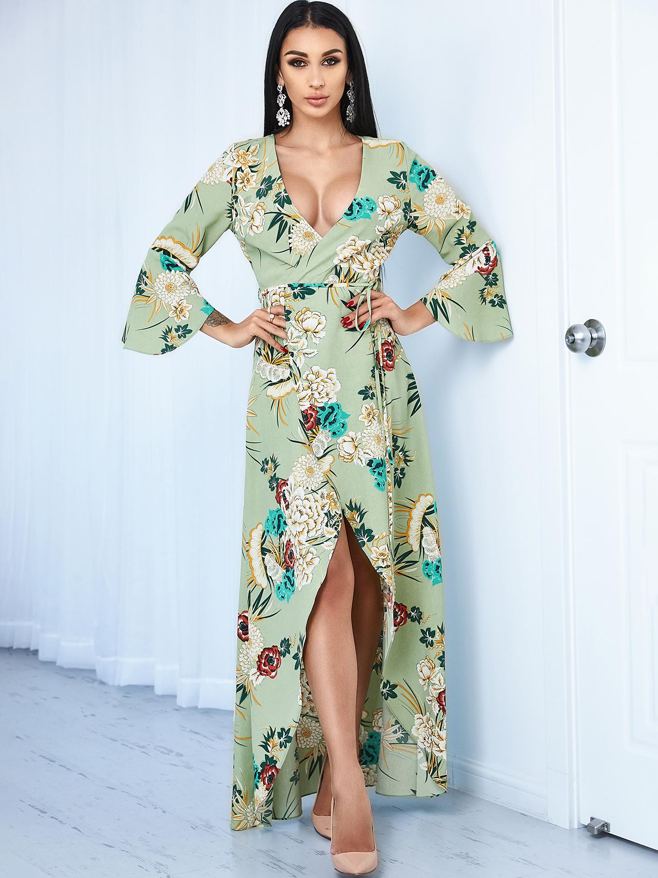 

Floral Pattern V Neck Asymetrical Wrap Maxi Dress, Multicolor